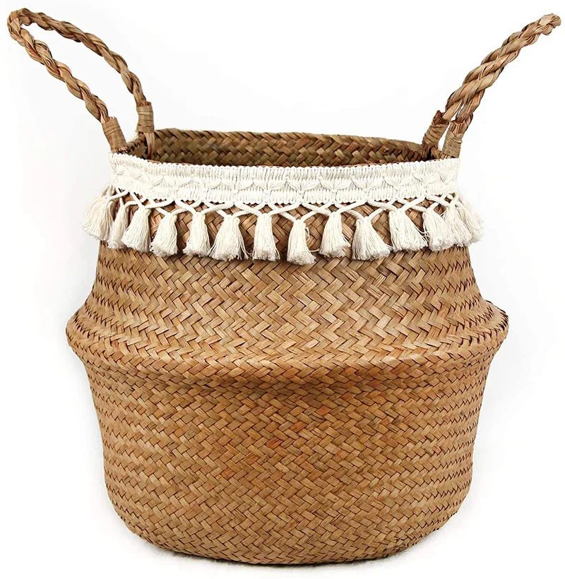 Macrame Seagrass Belly Basket With Tassels  Woven Storage Basket For Laundry Toys Plants  Home Deco 3