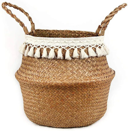 Macrame Seagrass Belly Basket With Tassels  Woven Storage Basket For Laundry Toys Plants  Home Deco 3