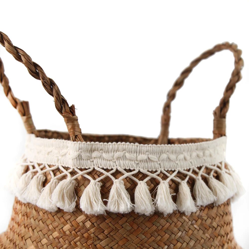Macrame Seagrass Belly Basket With Tassels  Woven Storage Basket For Laundry Toys Plants  Home Deco 4