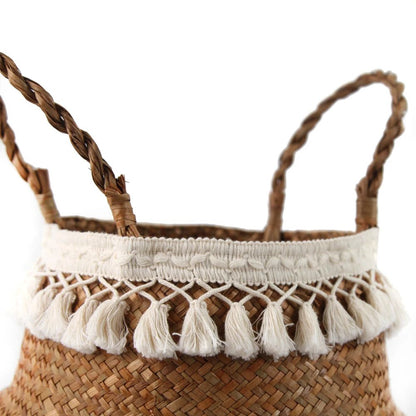 Macrame Seagrass Belly Basket With Tassels  Woven Storage Basket For Laundry Toys Plants  Home Deco 4