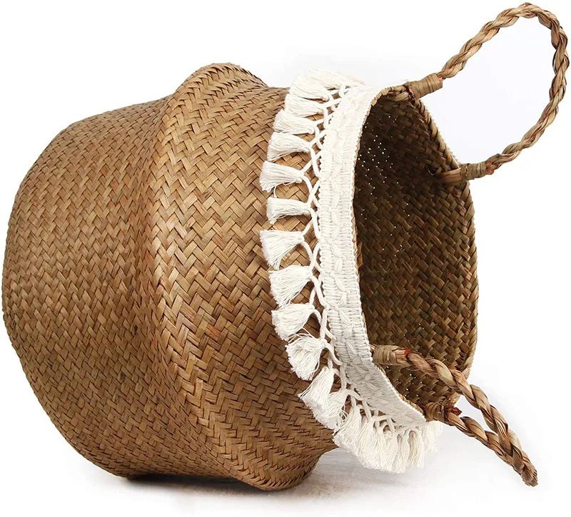 Macrame Seagrass Belly Basket With Tassels  Woven Storage Basket For Laundry Toys Plants  Home Deco 5