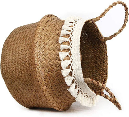Macrame Seagrass Belly Basket With Tassels  Woven Storage Basket For Laundry Toys Plants  Home Deco 5