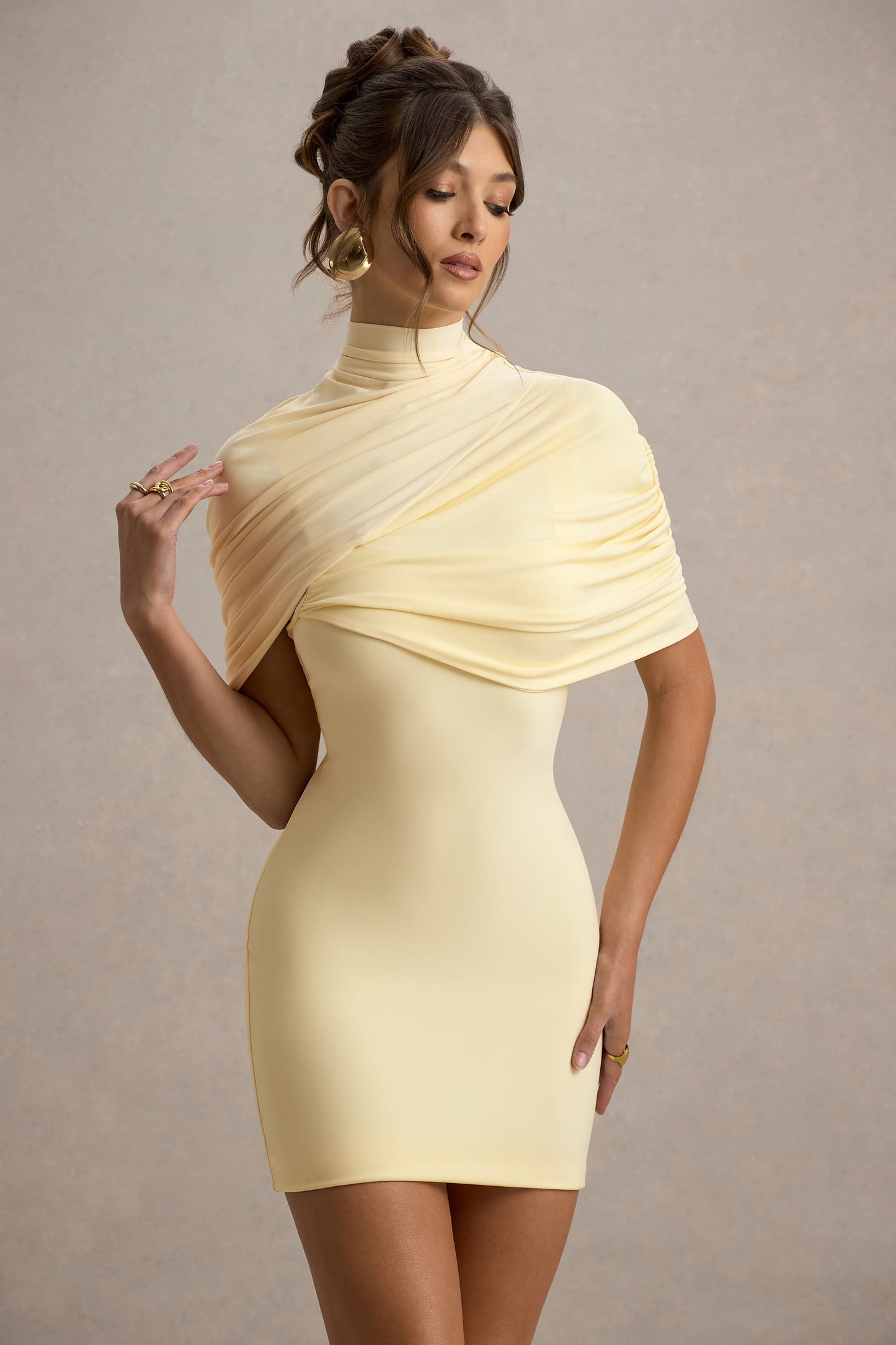 Perdi | Lemon Bodycon Mini Dress With Twisted Cape