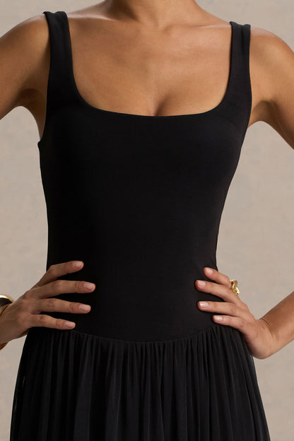 Amelia | Black Scoop-Neck Maxi Dress With Pleated Skirt