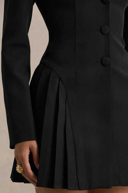 Blossoming | Black Plunge-Neck Tailored Mini Dress With Pleating