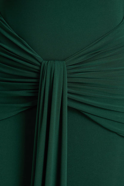 Clover | Dark Green Asymmetric-Neck Wrapped Maxi Dress With Sash