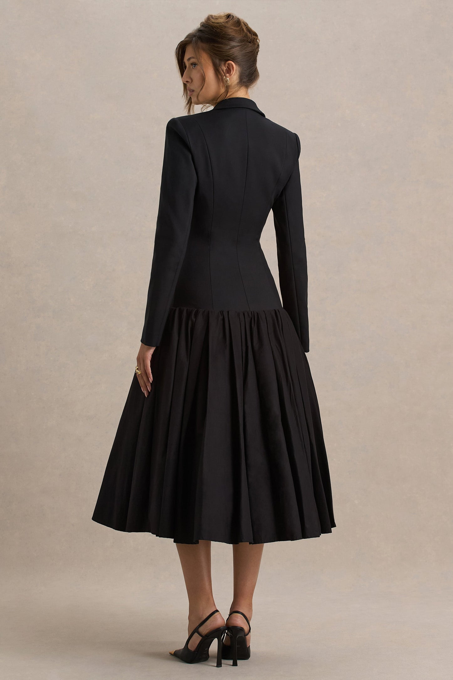 Cosmopolitan | Black Plunge-Neck Tailored Midi Dress With Pleated Hem