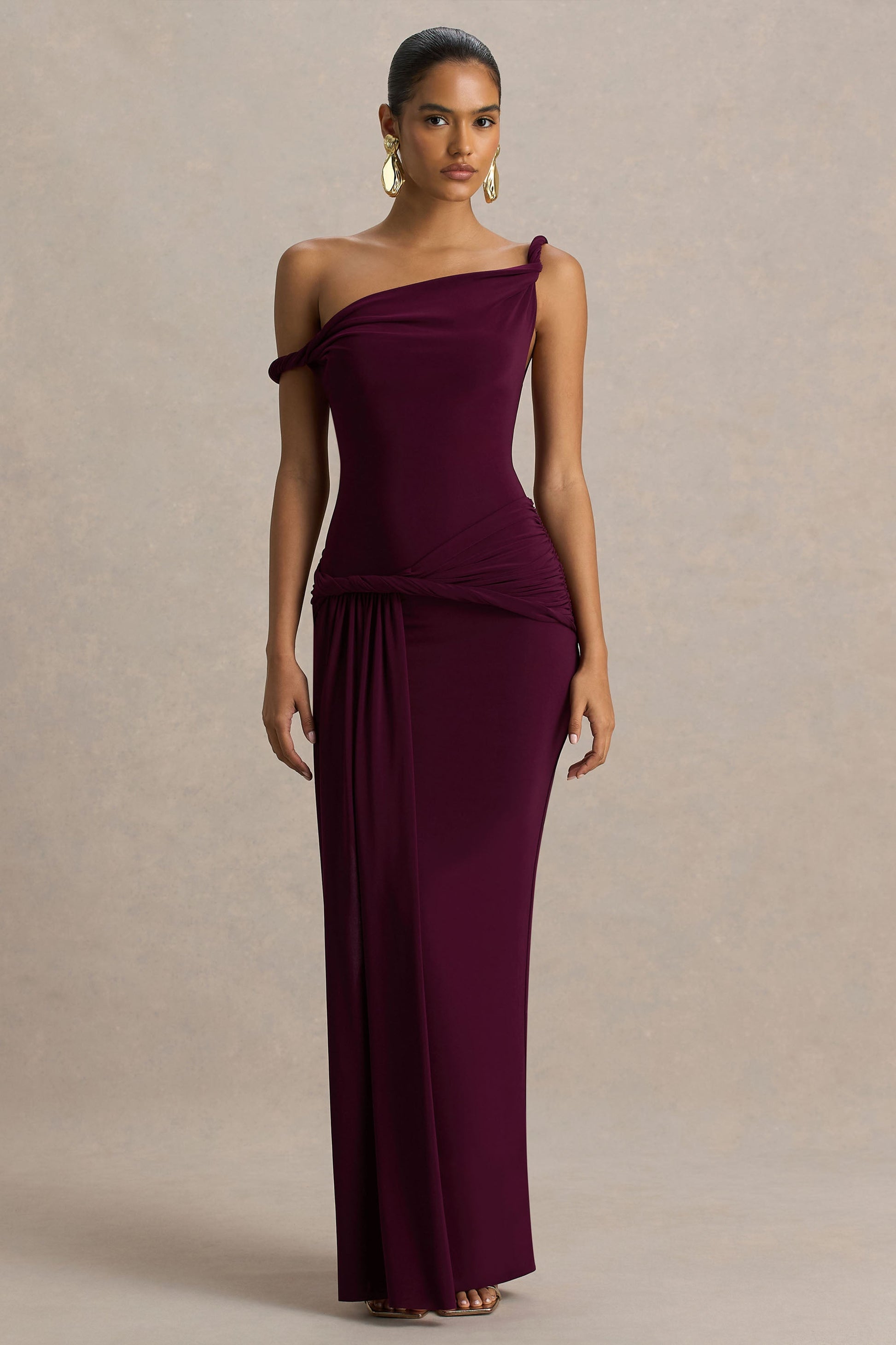 Tulisa | Burgundy Asymmetric-Neck Maxi Dress With Twist Sleeves And Ruched Detailing