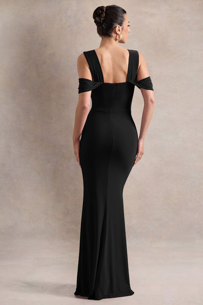 Amoura | Black Square-Neck Draped Wrap Maxi Dress