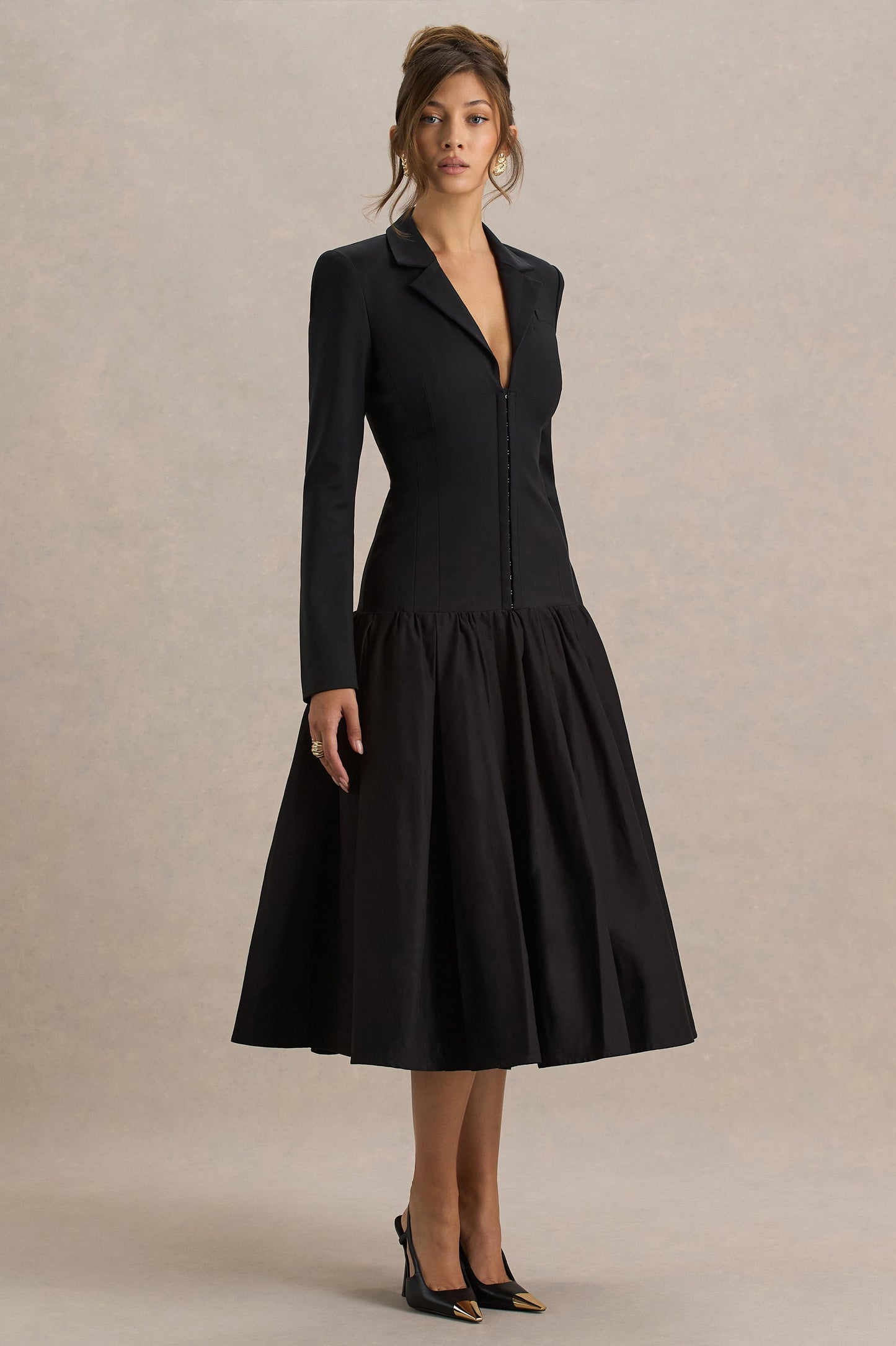 Cosmopolitan | Black Plunge-Neck Tailored Midi Dress With Pleated Hem