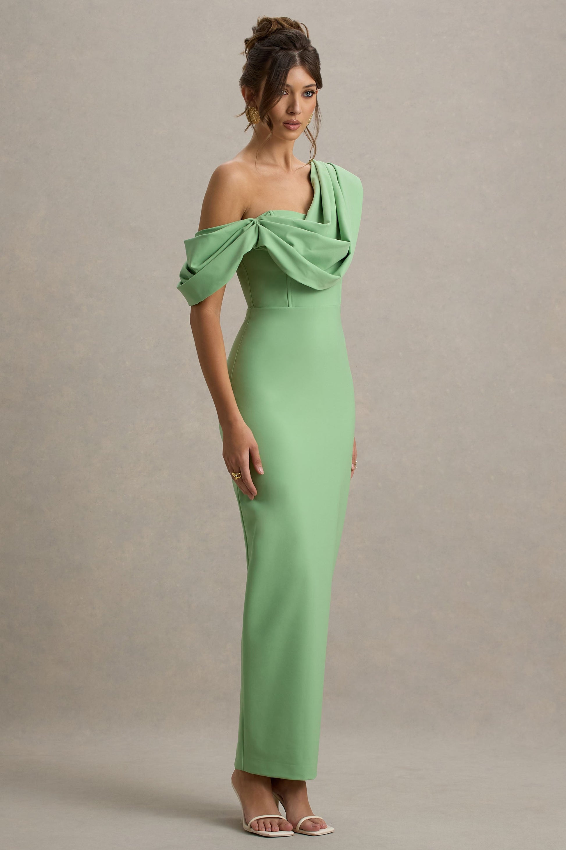 Angelina | Green Draped Shoulder Maxi Dress