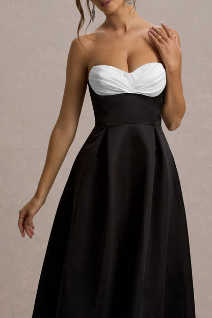 Wintour | Black Satin Sweetheart Midi Dress
