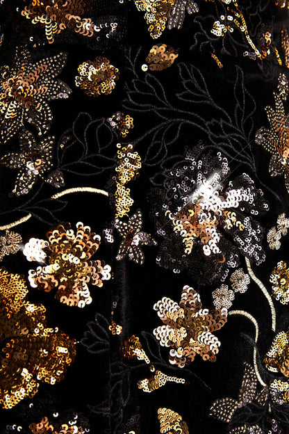 Valeri | Black Velvet Bandeau Mini Dress With Bronze Floral Sequin Embellishment