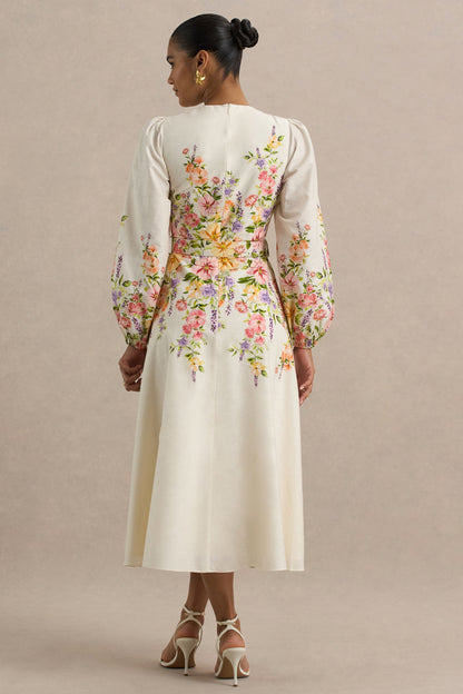 Dahlia | White Floral Border Print High-Neck Midi Dress